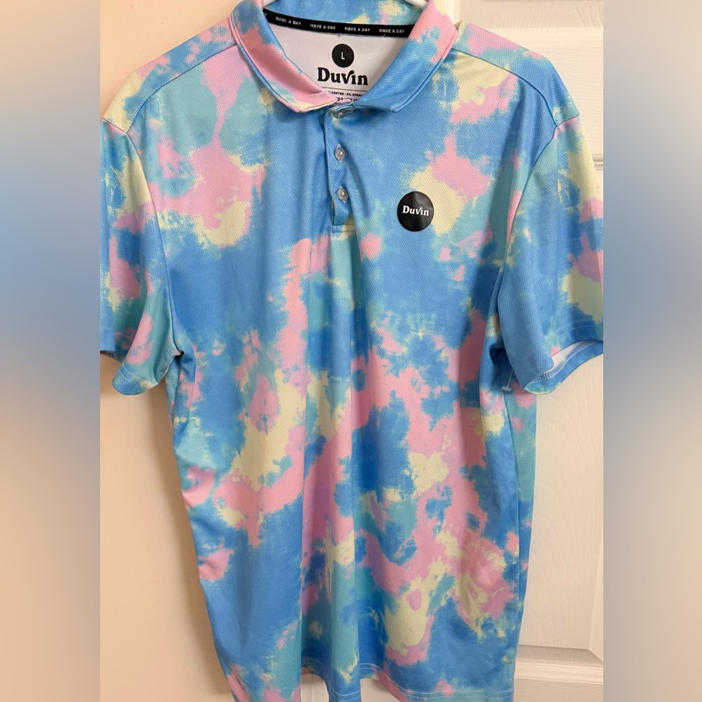 Duvin Design Mens Golf Polo Shirt Size‎ L Tie Dye Loud & Colorful Short Sleeve